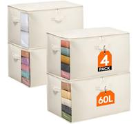 Lifewit 60L Clothing Storage Bags with Lid, Comforter Storage Container for Blanket Sheet Bedding with Reinforced Handle Thick Cotton Fabric Clear Window Closet Storage Container, 4 Pack, Beige