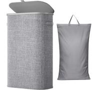 Lifewit 65L Laundry Basket with Lid, Slim Washing Basket with Handles and Bag, Large Foldable Dirty Clothes Organiser with Plastic Frame for Laundry Room, Bedroom, Bathroom, Light Gray