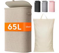 Lifewit 65L Laundry Basket with Lid, Slim Washing Basket with Handles and Bag, Large Foldable Dirty Clothes Organiser with Plastic Frame for Laundry Room, Bedroom, Bathroom, Beige
