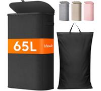 Lifewit 65L Laundry Basket with Lid, Slim Washing Basket with Handles and Bag, Large Foldable Dirty Clothes Organiser with Plastic Frame for Laundry Room, Bedroom, Bathroom, Black