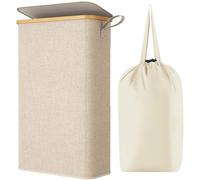 Lifewit 65L Slim Laundry Basket with Lid, Narrow Laundry Bin with Removable Bag & Bamboo Handles, Foldable Thin Dirty Clothes Hamper for Laundry, Bathroom, Bedroom, Dorm (Beige)