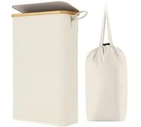 Lifewit 65L Slim Laundry Basket with Lid, Narrow Laundry Bin with Removable Bag & Bamboo Handles, Foldable Thin Dirty Clothes Hamper for Laundry, Bathroom, Bedroom, Dorm (White)