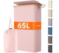 Lifewit 65L Slim Laundry Basket with Lid, Narrow Laundry Bin with Removable Bag & Bamboo Handles, Foldable Thin Dirty Clothes Hamper for Laundry, Bathroom, Bedroom, Dorm (Pink)