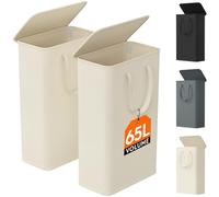 Lifewit 65L Slim Laundry Basket with Lid, Small Washing Basket, Narrow Foldable Laundry Bag with Handles, Thin Laundry Hamper Bin Storage for Bedroom Accessories, White, 2 Packs