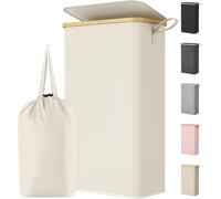 Lifewit 75L Slim Laundry Basket with Lid, Narrow Laundry Bin with Removable Bag & Bamboo Handles, Foldable Thin Dirty Clothes Hamper for Laundry, Bathroom, Bedroom, Dorm (White)