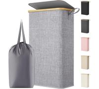 Lifewit 75L Slim Laundry Basket with Lid, Narrow Laundry Bin with Removable Bag & Bamboo Handles, Foldable Thin Dirty Clothes Hamper for Laundry, Bathroom, Bedroom, Dorm (Grey)