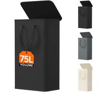 Lifewit 75L Slim Laundry Basket with Lid, Small Washing Basket, Narrow Foldable Laundry Bag with Handles, Thin Laundry Hamper Bin Storage for Bedroom Accessories, Black