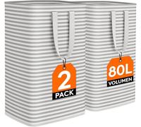 Lifewit 80L Collapsible Washing Laundry Basket Hamper, Dirty Clothes Basket Laundry Bin With Extended Handles For Storage Clothes Toys In Bedroom Bathroom, Grey, 2 Packs