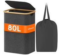 Lifewit 80L Laundry Basket with Lid, Clothes Hampers for Laundry with Bamboo Handles and Removable Laundry Bags, Large Foldable Laundry Hamper for Bedroom, Bathroom, Dorm,Laudry Room, Dark Grey