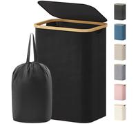 Lifewit 80L Laundry Basket with Lid, Dirty Clothes Bin with Bamboo Handles and A Removable Bag, Large Foldable Washing Basket for Bedroom, Bathroom, Dorm, Laundry Room, Black