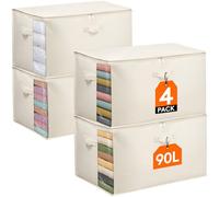 Lifewit 90L Large Clothing Storage Bags with Lid, Comforter Storage Container for Blanket Sheet Bedding with Reinforced Handle Thick Cotton Fabric Clear Window Closet Storage Container, 4 Pack, Beige