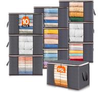 Lifewit 95L Clothes Storage Bags, Foldable Storage Box Moving Bags Wardrobe Storage Organiser Packing Boxes for Moving House with Clear Window for Clothing Bedding Blankets, Grey, 10 Pack
