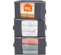 Lifewit 95L Clothes Storage Bags Large Storage Box With Lid Packing Boxes for Moving House With Reinforced Handle Thick Fabric Clear Window for Clothes Duvet Blankets Bedding, 3 Pack, Grey