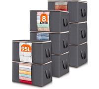 Lifewit 95L Clothes Storage Bags Large Storage Box With Lid Packing Boxes for Moving House With Reinforced Handle Thick Fabric Clear Window for Clothes Duvet Blankets Bedding, 8 Pack, Grey