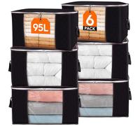 Lifewit 95L Clothes Storage Bags Large Storage Box With Lid Packing Boxes for Moving House With Reinforced Handle Thick Fabric Clear Window for Clothes Duvet Blankets Bedding, 6 Pack, Black