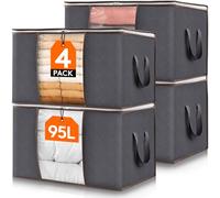 Lifewit 95L Clothes Storage Bags Large Storage Box With Lid Packing Boxes for Moving House With Reinforced Handle Thick Fabric Clear Window for Clothes Duvet Blankets Bedding, 4 Pack, Grey