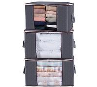 Lifewit 95L Underbed Storage Bags with Lid and Zips, Large Foldable Clothes Packing Boxes With Reinforced Handle, Thick Fabric Clear Window for Duvet Blankets Bedding, 3 Pack, Grey