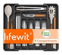 Lifewit Adjustable Cutlery Drawer Organiser with 9 Compartments, Expandable Kitchen Utensil Tray for Forks Spoons and Knives, Plastic Storage, 31-48 x 35cm, Black
