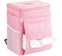 Lifewit Car Trash Can with Lid, Trash Bag Hanging with Tissue Holder, Portable Car Garbage Bin with Adjustable Straps and Pockets, Leak-Proof Car Storage Organizer, Pink