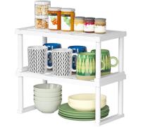 Lifewit Cupboard Shelf Organiser, Expandable Countertop Kitchen Shelves, Plastic Shelf Riser for Pantry Kitchen Storage and Spice Rack, Set of 2, White Cabinet