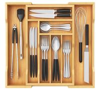 Lifewit Cutlery Drawer Organiser Bamboo, 27-46x38cm Extendable Cutlery Tray for Drawers Insert, 8 Compartments Wooden Kitchen Storage Holder for Utensil, Knife, Fork, Spoon, Medium