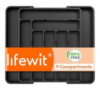 Lifewit Expandable Kitchen Cutlery Tray, 9 Compartment Drawer Organiser for Forks Spoons and Knives, Plastic Utensil Holder, Black