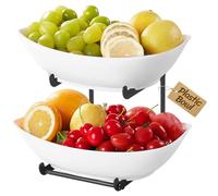 Lifewit Fruit Bowl, 2 Tier Fruit Holder for Kitchen Countertop, Plastic Food Basket with Metal Stand, Serving Tray for Food, Large Capacity Snack Cake Berry Storage Rack in Party, White and Black