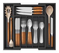 Lifewit Large Bamboo Cutlery Drawer Organiser, Expandable Cutlery Tray for Kitchen Drawers Insert, Wood Utensil Holder Adjustable Storage for Spoons Forks Knives, Black
