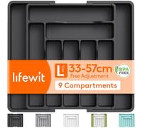 Lifewit Large Cutlery Drawer Organiser, Adjustable Kitchen Utensil Drawer Organiser, 9 Compartment, Cutlery Tray for Spoons Forks Knives,Black