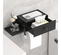 Lifewit Plastic Toilet Roll Holder with Shelf, Toilet Paper Holder Wall Mounted Self Adhesive with Drawer Storage for Bathroom Washroom Restroom, Toilet Wipes Organiser, Black, 1 Pack