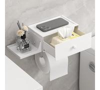 Lifewit Plastic Toilet Roll Holder with Shelf, Toilet Paper Holder Wall Mounted Self Adhesive with Drawer Storage for Bathroom Washroom Restroom, Toilet Wipes Organiser, White, 1 Pack