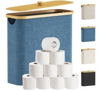 Lifewit Toilet Roll Storage, Bathroom Storage Box Holder Stand with Lid, Bamboo Multifunctional Toilet Paper Basket Cabinet with Handle, Blue, 30L