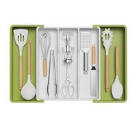 Lifewit Utensil Drawer Organiser, Extendable Cutlery Tray for Kitchen, Adjustable Silverware Flatware Holder, Plastic Kitchen Spatula Tools and Gadgets Storage Divider, Large, Green&White