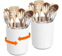 Lifewit Utensil Holder for Kitchen Storage, Cooking Silverware Caddy with Non-Slip Rotating Base, Large 3 Compartment Plastic Spoon Spatula Cutlery Flatware Organiser with Dry Draining, White, 2 Pack