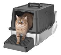 Lifewit XXL Cat Litter Tray Stainless Steel with Handle, Cats Litter Box with Detachable Enclosure, for Large Breeds and Multi-Cat Households, Oder-Free, with Litter Scoop & Footstep Box, Black