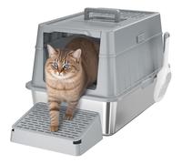 Lifewit XXL Cat Litter Tray Stainless Steel with Handle, Cats Litter Box with Detachable Enclosure, for Large Breeds and Multi-Cat Households, Oder-Free, with Litter Scoop & Footstep Box, Grey