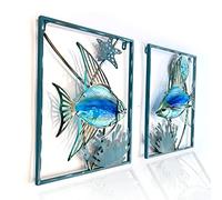 LIFFY Metal Wall Art Metal Fish Wall Decor with Frame-Outdoor Wall Art with LED Fairy Lights, Fish Glass Art Wall Sculpture for Living Room Bedroom Hallway Office, home gifts, (2pcs, Blue)