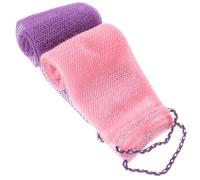 LIFKICH African Net Bath Scrubber 2Pcs Set Purple Pink Sturdy Mesh Exfoliating Washcloth with Convenient Pull-Cord for Shower and Bath