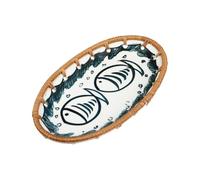 LIFKICH Plate and Smooth Surface Meticulous Workmanship Japanese-Style Oval Ceramic with Rattan Frame for Housewarming Gifts and Food Serving