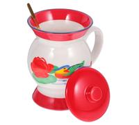 LIFKICH Retro Style White Porcelain Ceramic Mug with Lid and Spoon 400ml Drinking Cup for Coffee or Milk Soft Feel and Easy to Clean