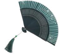 LIFKICH Vintage Bamboo Folding Hand Fan, Hollow Carved Retro Handheld Fan with Green Cherry Blossom Pattern, Traditional Chinese Style for Dance, Hanfu, and Party Use