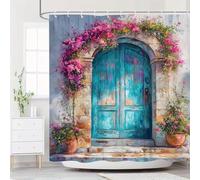 LIFKNVN 1pc Mediterranean Style Shower Curtain with Turquoise Blue Wooden Door & Bougainvillea Vine Design Polyester For Wet Rooms 213x175cm/84x69in(WxH)