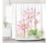 LIFKNVN 3D HD Printing Watercolor for Lotus Flower Shower Curtain - Pink Pastel Design with Green Leaves 12 Hooks For Wet Rooms 180x203cm/71x80in(WxH)