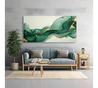 LIFKNVN Large Green and Golden Abstract Canvas Wall Art Modern Painting For Living Room Vintage/Contemporary Canvas Artwork Decor(75x150cm/Without frame)