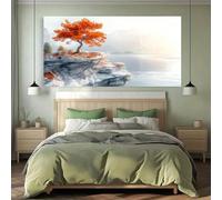 LIFKNVN Large Modern Abstract Cliff Top Tree Wall Art - Orange Foliage & Mountain Landscape Horizontal Ink Artwork For Living Room(70x140cm/Without frame)