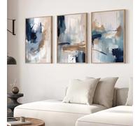 LIFKNVN Navy Blue Watercolor Brush Abstract Poster Nordic Minimalist Art Print Boho Canvas Painting for Living Room Wall Decor(70x90cmx3/Inner frame)