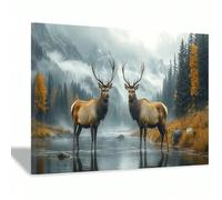 LIFKNVN Two Deer In Mountain River Canvas Wall Art Prints for Living Room, Bedroom Office Peaceful Home Decoration Pictures(40x60cm/Inner frame)