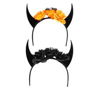 LIFKOME 2Pcs Halloween Skull and Horn Headband Black and Orange Cosplay Horn Headdress with Flower Accents Lightweight Devil Costume Hair Hoops for Party and Day Dead Celebration