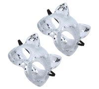 LIFKOME 2pcs Masquerade Ball Mask Cat Style Venice Carnival Mask Silver Plastic Glass Reflective Sequin Full Face Cover for Adults Ball and Carnival