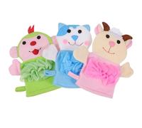 LIFKOME 3pcs Bath Mittens Soft PE Mesh Sponge Exfoliating Gloves for Gentle Cleansing and Massage with Cute Cartoon Patterns Blue Cat Pink Calf Green